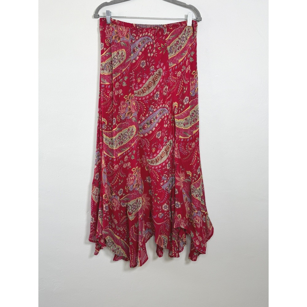 Vintage Bohemian Paisley Midi Skirt Womens L Red Lined Sharkbite Hem 90s Gypsy